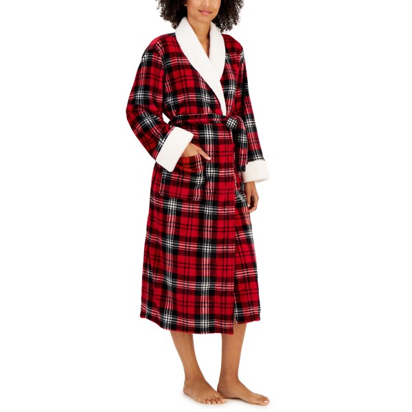 Women's 3/4 Sleeve Plaid Self-Tie Robe
