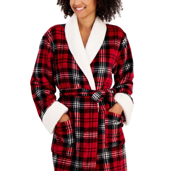 Women's 3/4 Sleeve Plaid Self-Tie Robe