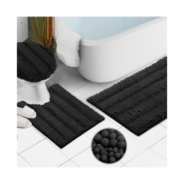 3 Piece Ultra Soft Non Slip Chenille Bath Rug - Large + Contour + Seat Cover 3 Piece Ultra Soft N...